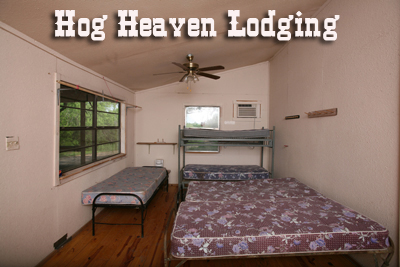 Hog Heaven Camp House sleeping accomodations. Brushy Hill Ranch offers Texas' BEST wild boar and wild hog hunting at some of the LOWEST, and most AFFORDABLE, prices! Book your next Trophy Whitetail Deer hunt with Brushy Hill Trophy Bowhunting!